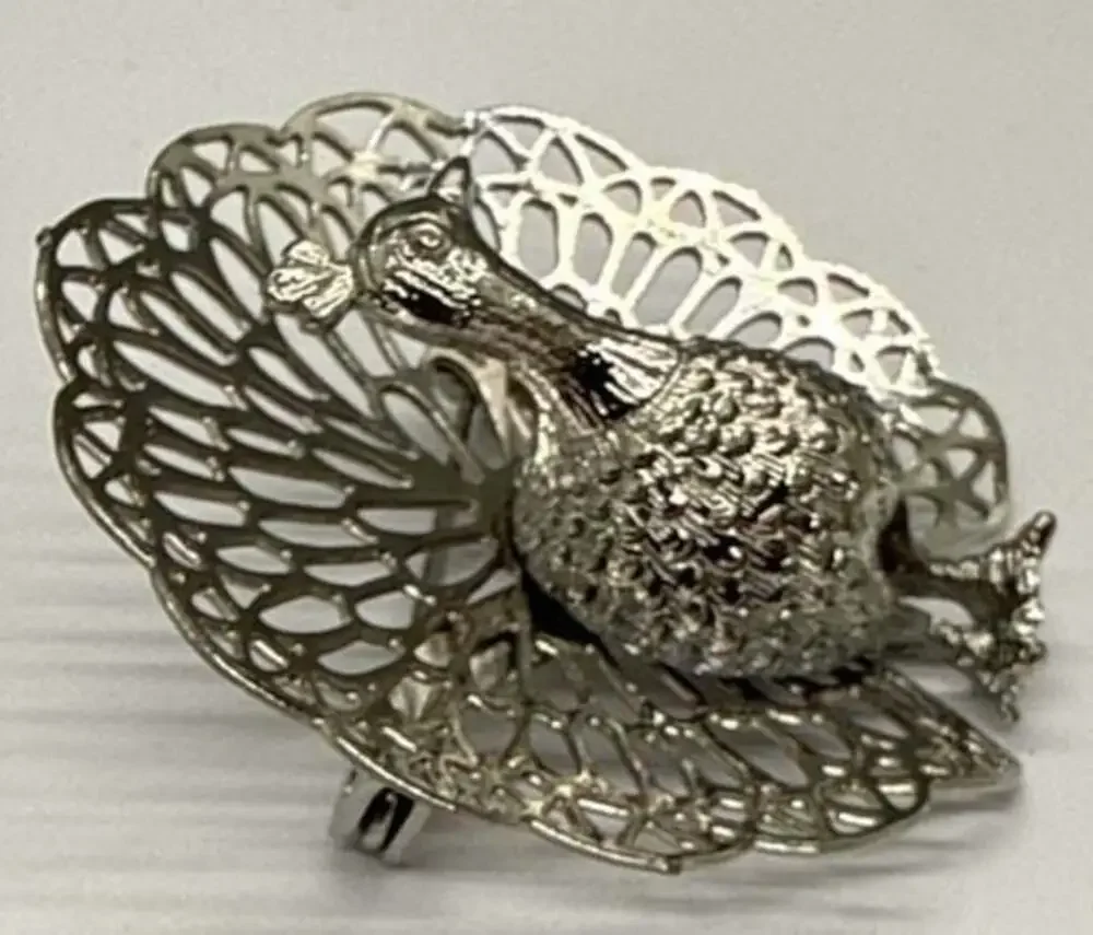 LOT Vtg Peacock Brooches Silver Tone 3D Filigree & Silver Tone Green Blue Enamel